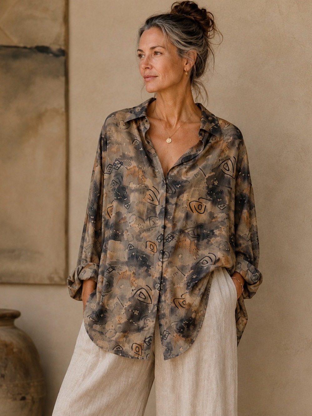 100% Tussah Silk Vintage Abstract Art Blouse Oversized